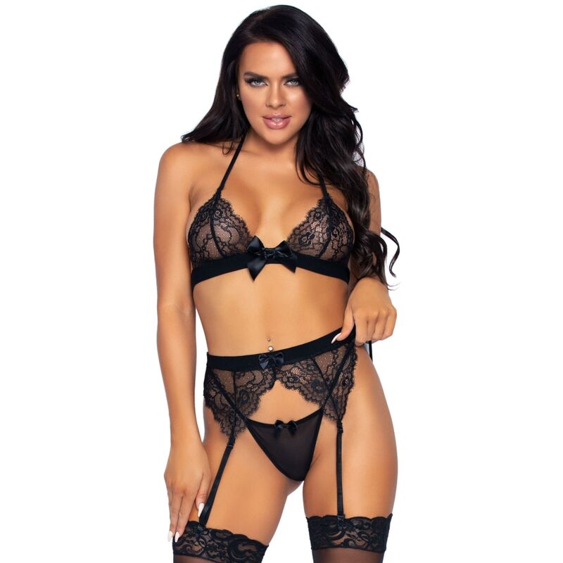 Set di lingerie in pizzo con reggicalze e perizoma, taglia L, elegante Leg Avenue