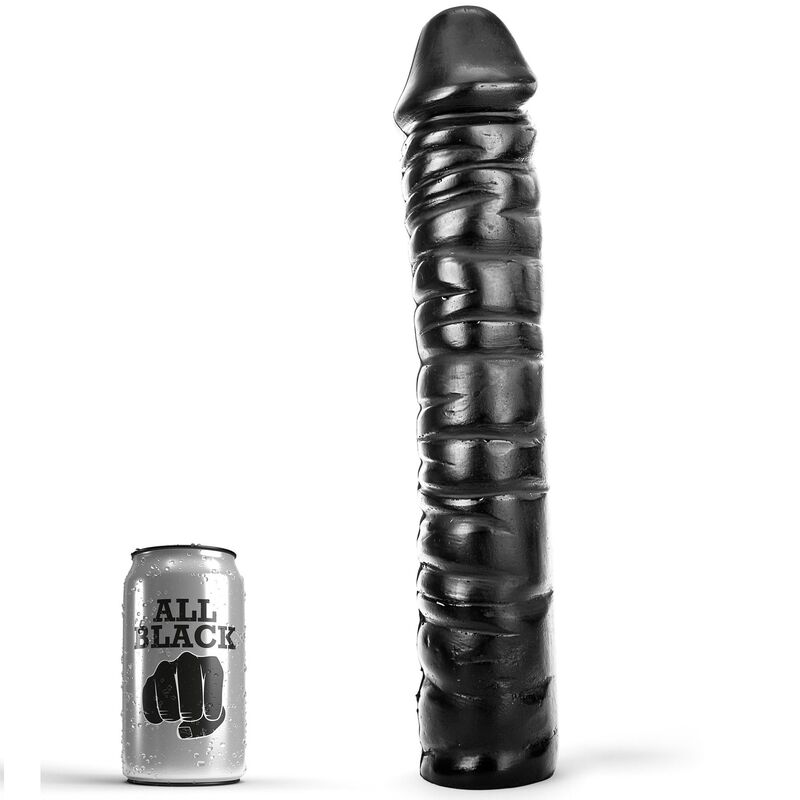 Dildo ALL BLACK con superficie a coste, 38 cm