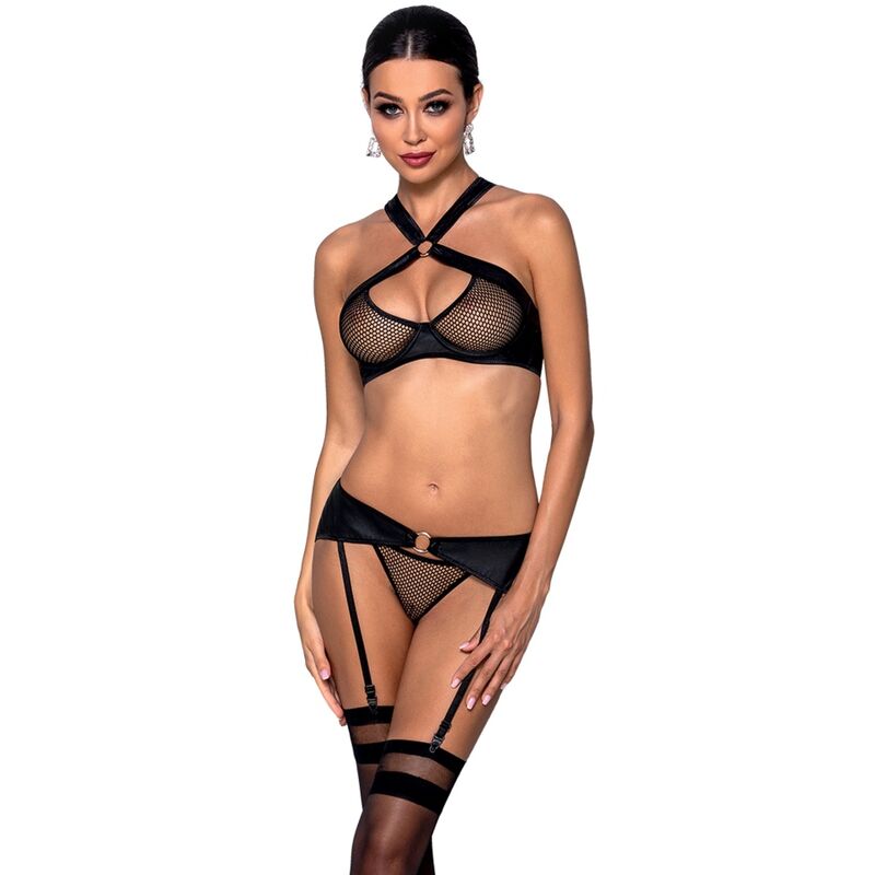Set di lingerie in ecopelle con reggicalze, perizoma e dettagli dorati, taglia dalla S alla M PASSION