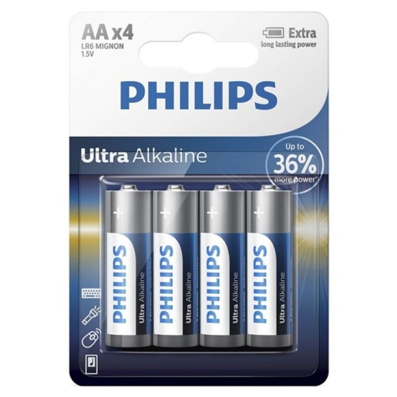 Batterie alcaline AA confezione da 4, lunga durata e prestazioni elevate, ideali per dispositivi PHILIPS