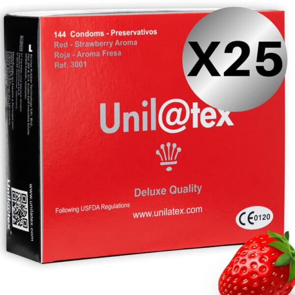 Preservativi rossi alla fragola in confezione convenienza per un piacere intenso UNILATEX