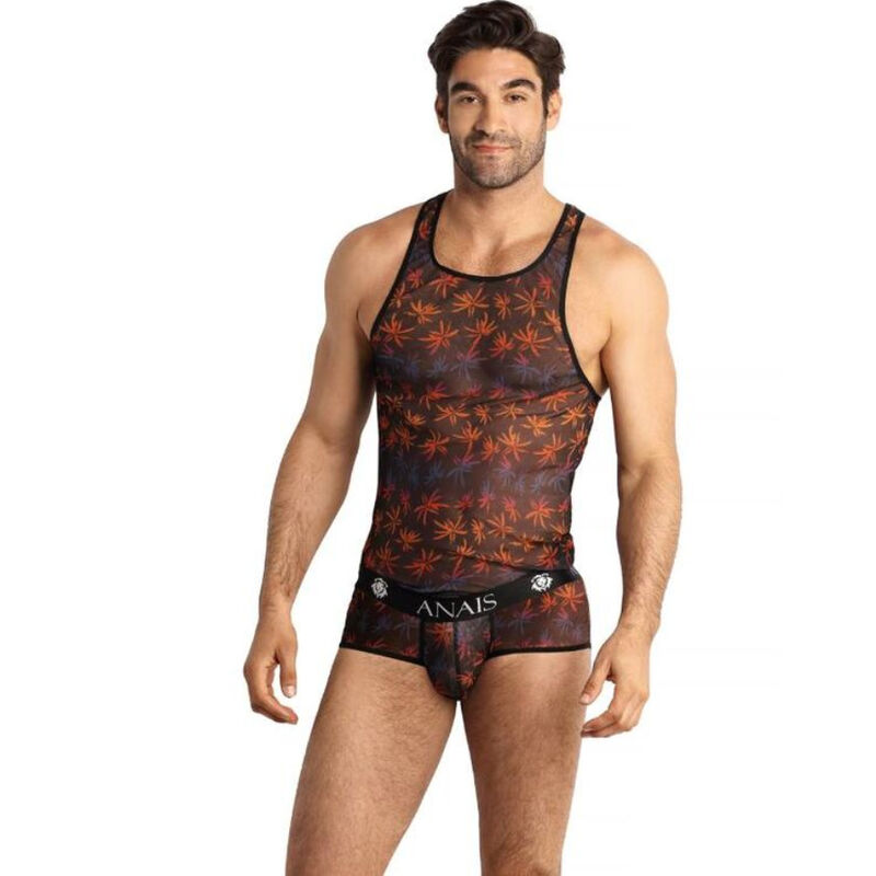 Top da uomo in tulle con stampa colorata di palme, leggermente elasticizzato e traspirante ANAIS