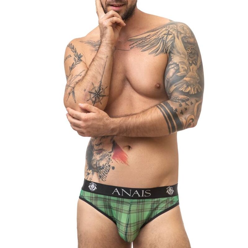Slip sexy da uomo in lycra verde a quadri con fascia larga XL ANAIS