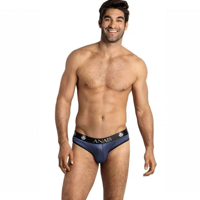 Slip sexy da uomo in mesh con righe in raso blu navy, taglia L ANAIS