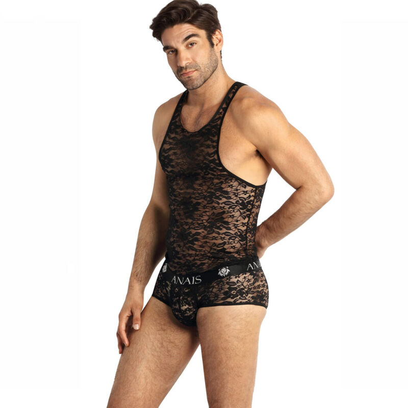 Top in pizzo da uomo, lingerie con motivo floreale, aderente, XL ANAIS