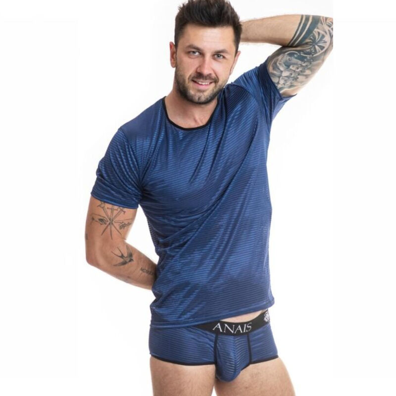 T shirt in tulle blu navy con righe verticali in raso e vestibilità aderente ANAIS