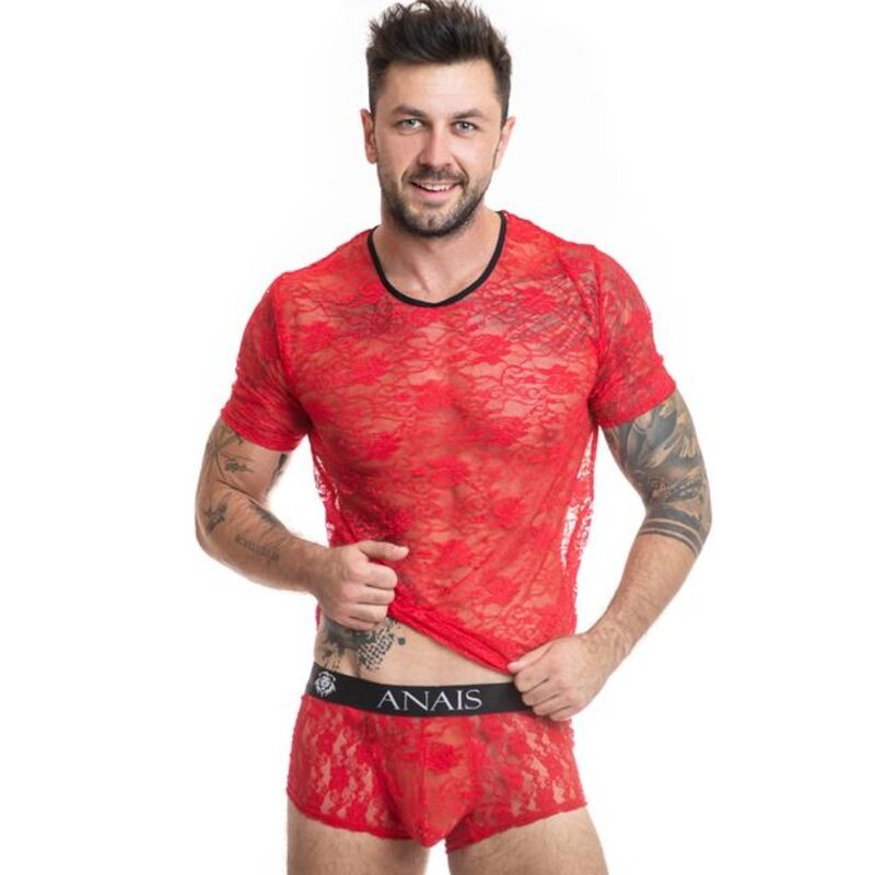 Maglietta aderente da uomo con pizzo rosso e stampa floreale, elasticizzata e comoda ANAIS MEN