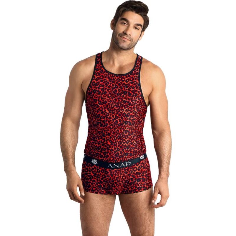 Top rosso da uomo in microfibra con stampa animalier, aderente e senza maniche ANAIS