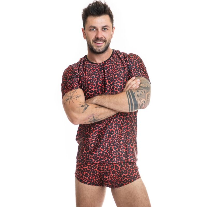 T shirt da uomo rossa aderente in microfibra con stampa animalier ANAIS