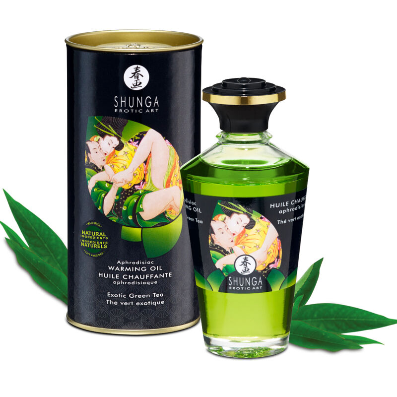 Olio da massaggio Shunga al tè verde con effetto riscaldante, 100 ml