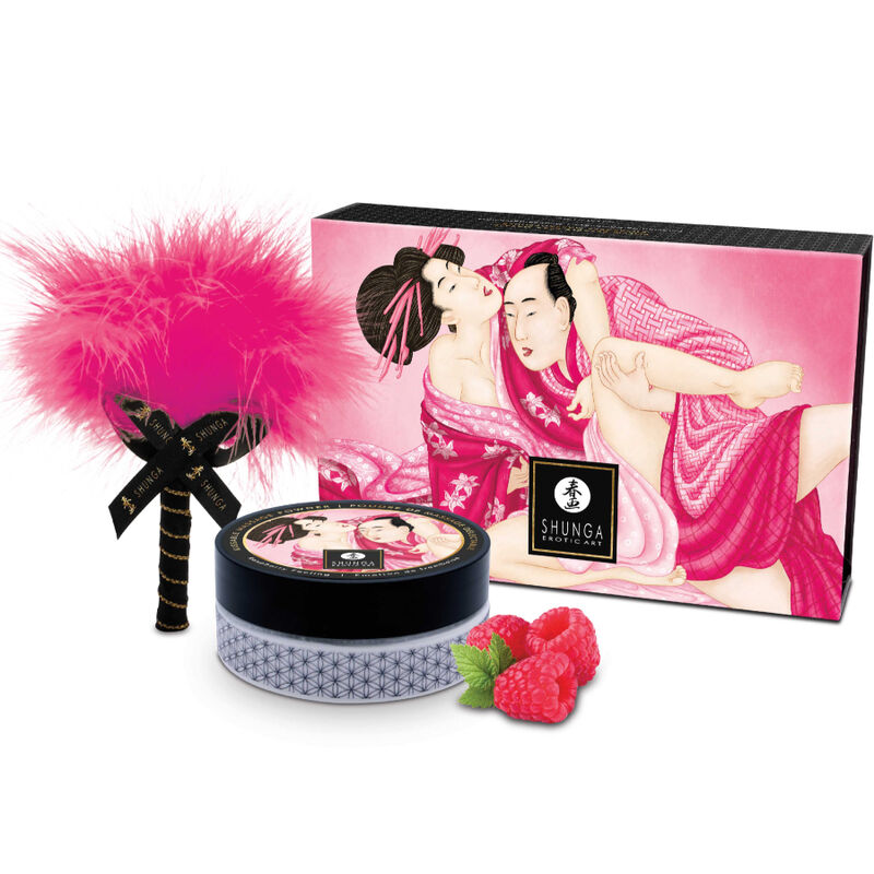 Polvere da massaggio Shunga al profumo di lampone con pennello di piume, 75 g