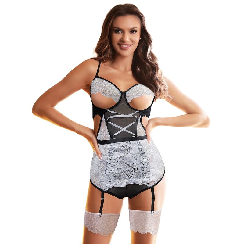 Body erotico da cameriera con corsetto e coppe aperte, taglie S e M, nero e bianco SUBBLIME