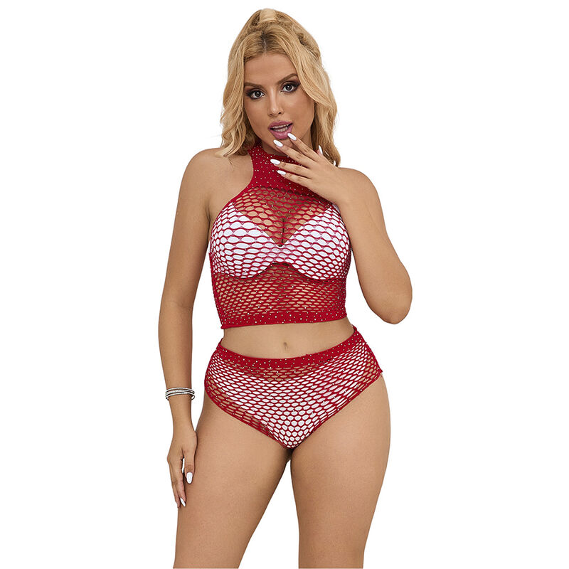 Completo lingerie SUBBLIME in rete rossa con strass