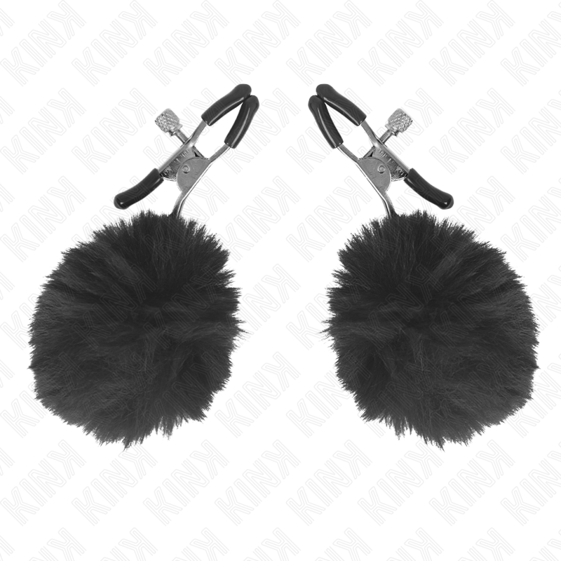 Morsetto per capezzoli KINK con pompon in pelliccia sintetica, nero, 6 cm