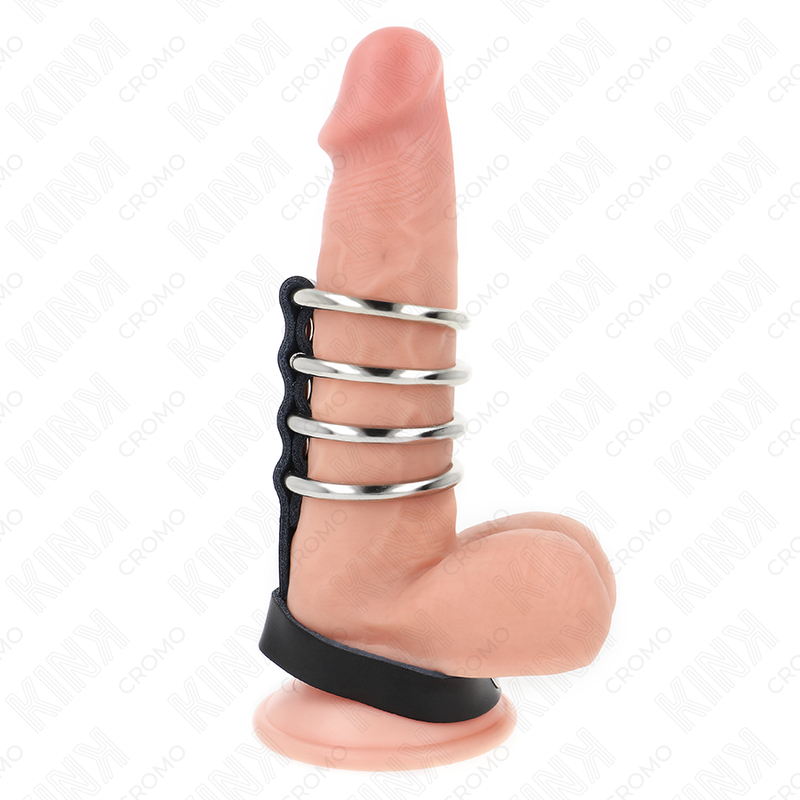 Anello per pene KINK senza vibrazione con quattro anelli in metallo e fascia in pelle