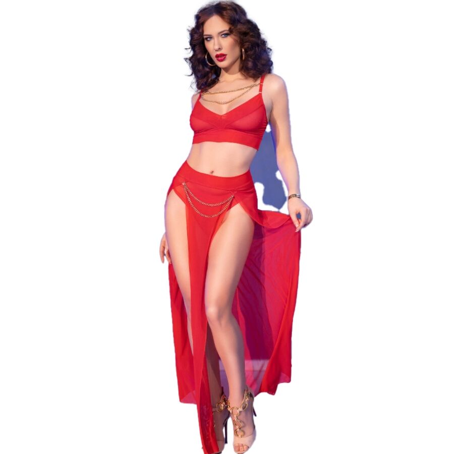 CHILIROSE CR 4850 completo lingerie in tulle rosso con dettagli dorati
