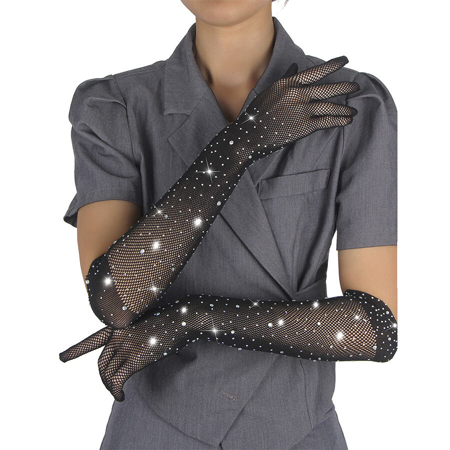 Guanti da lingerie trasparenti con glitter SUBBLIME, neri, S/M