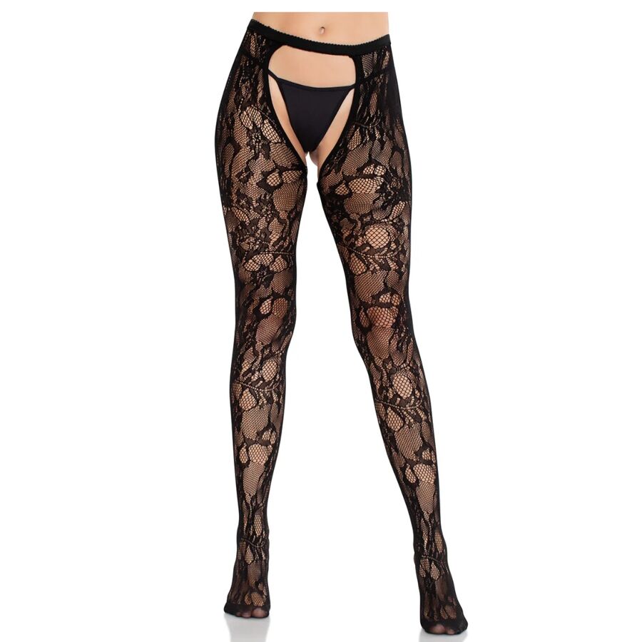 Calze nere LEG AVENUE con bordo a rose e retro aperto