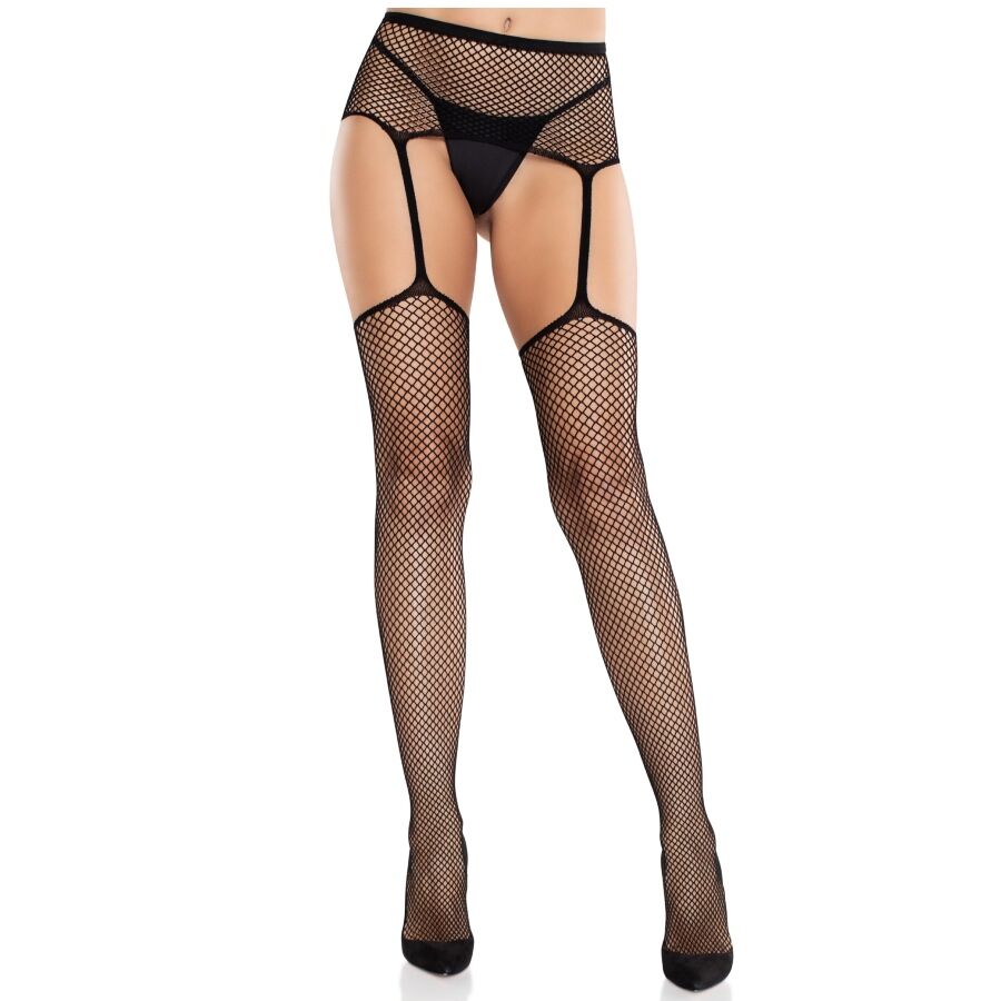 LEG AVENUE calze nere in pizzo con dettaglio a croce e reggicalze integrato