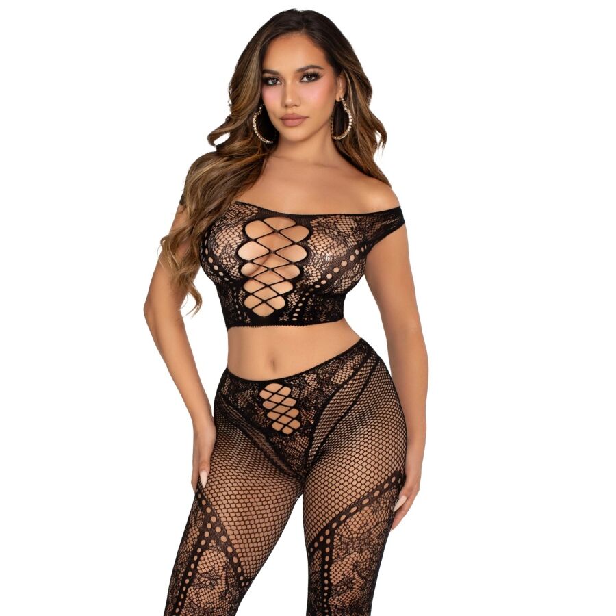 Set lingerie Leg Avenue con crop top e leggings a rete, nero
