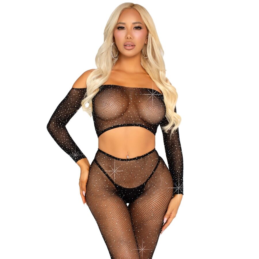 Completo intimo Leg Avenue con crop top e leggings a rete, nero