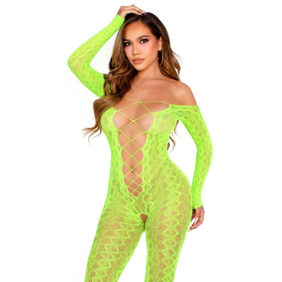 Bodystocking Leg Avenue con stampa serpente, verde neon