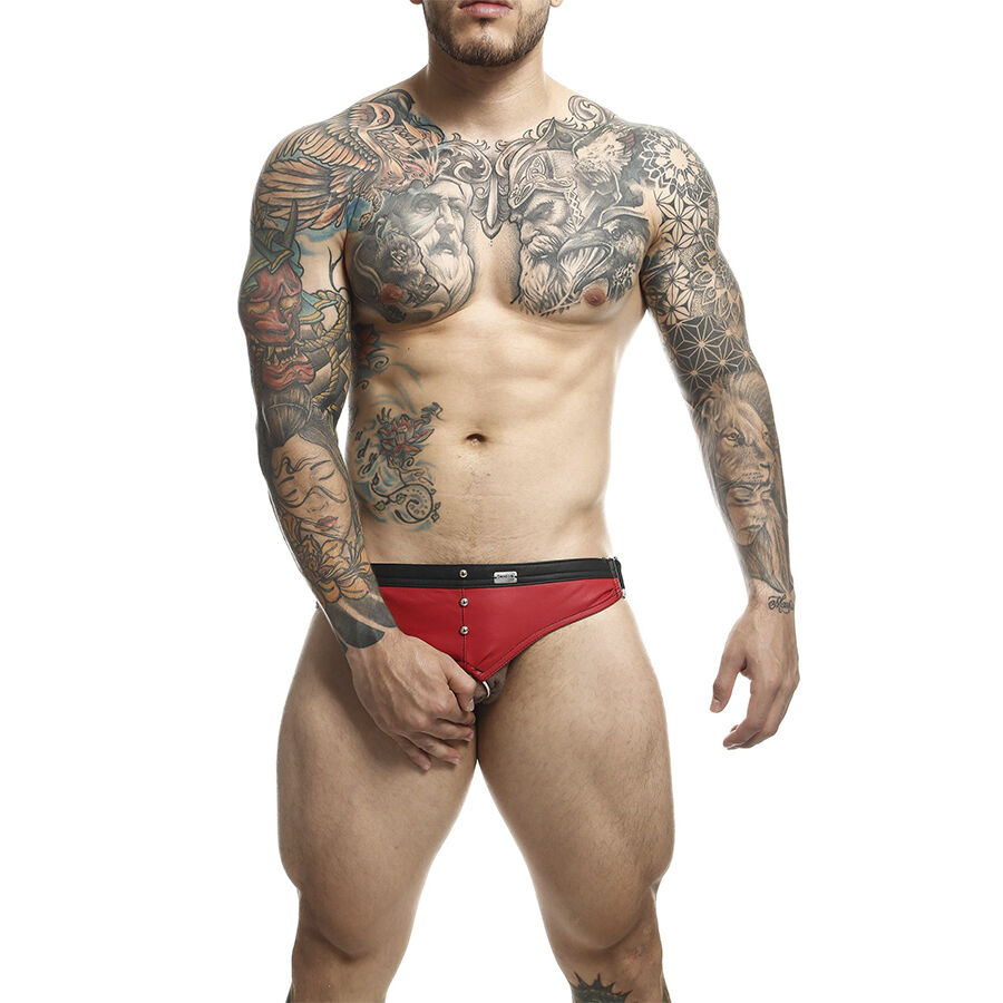 Jockstrap rosso effetto pelle con anello, borchie e retro aperto MOB