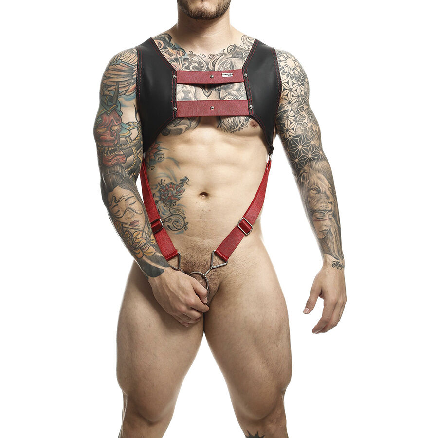 Harness fetish in similpelle con anello fallico rosso per controllo e bondage MOB