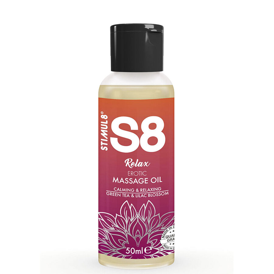 Olio da massaggio STIMUL8 S8 Relax al tè verde e fiori di lillà, 50 ml