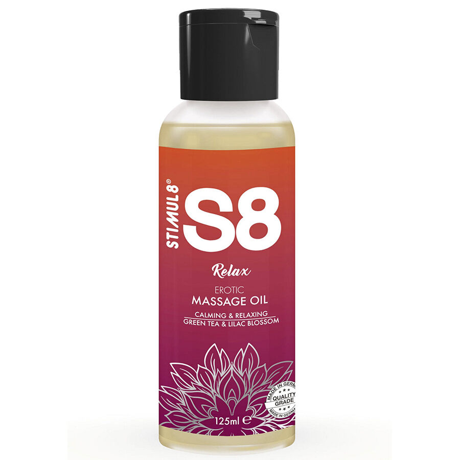 Olio da massaggio STIMUL8 S8 Relax al tè verde e fiori di lillà, 125 ml