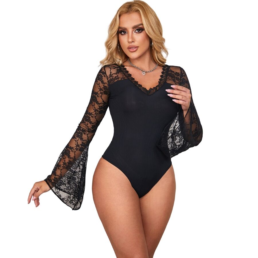 Body sexy in pizzo con motivo floreale e allacciatura regolabile, comfort, taglia L XL SUBBLIME