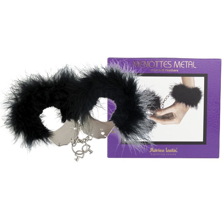 Manette in metallo con piume nere per giochi sensuali di bondage ADRIEN LASTIC