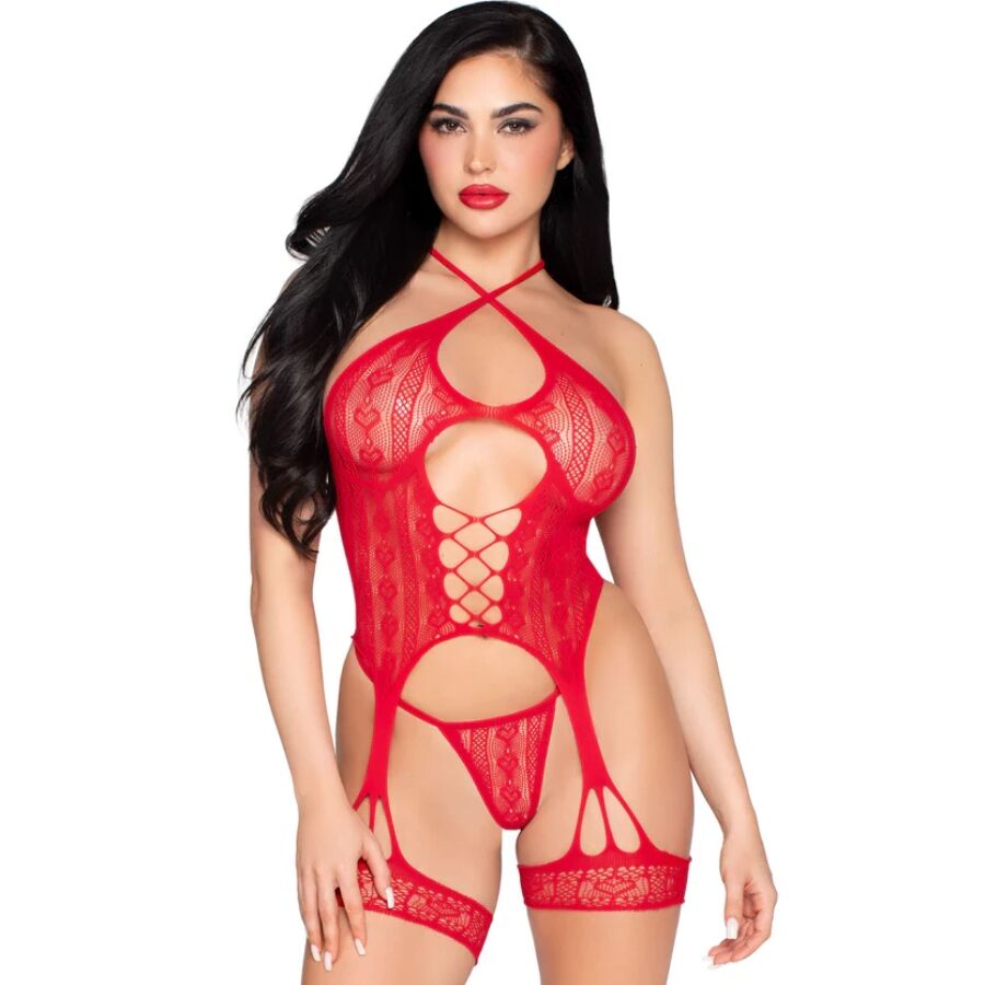 Body rosso in pizzo Leg Avenue con reggicalze e perizoma