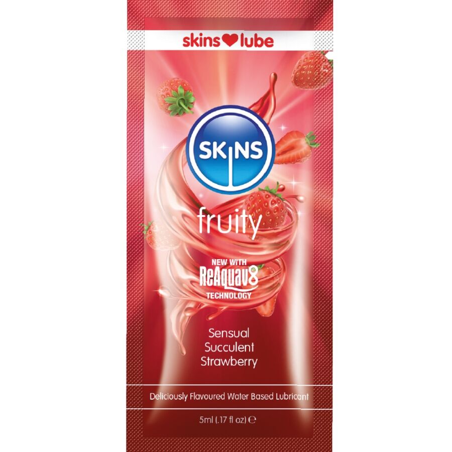 Lubrificante SKINS Fruity al gusto di fragola a base d’acqua, 5 ml