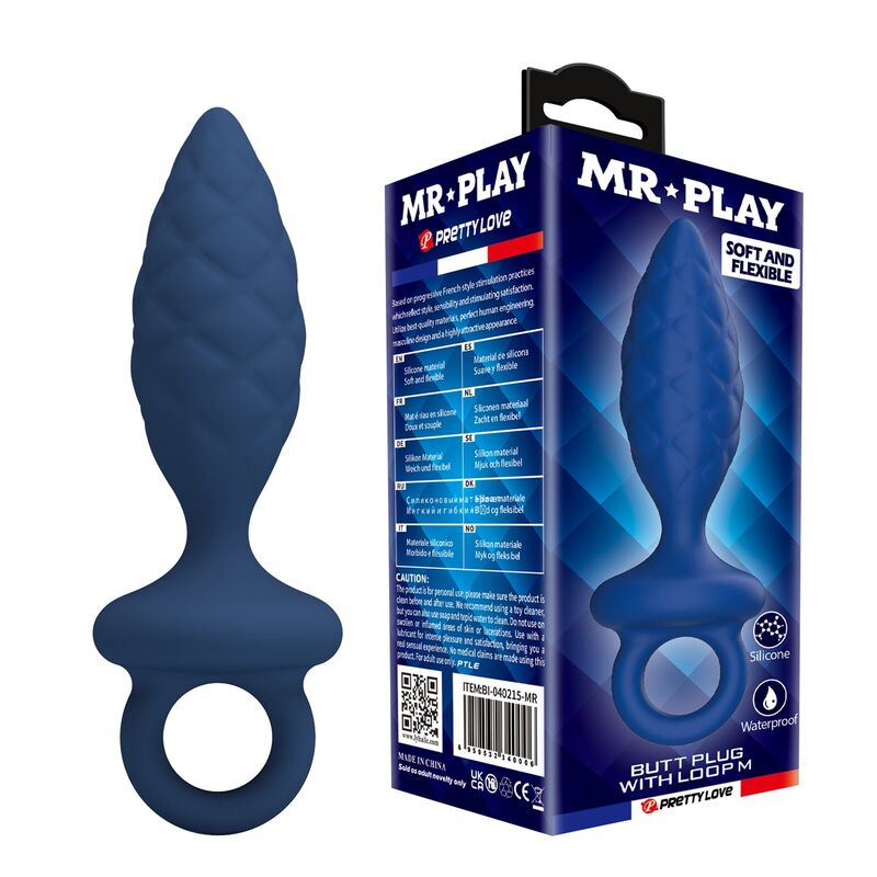 Plug anale MR PLAY con texture e anello, blu, taglia M