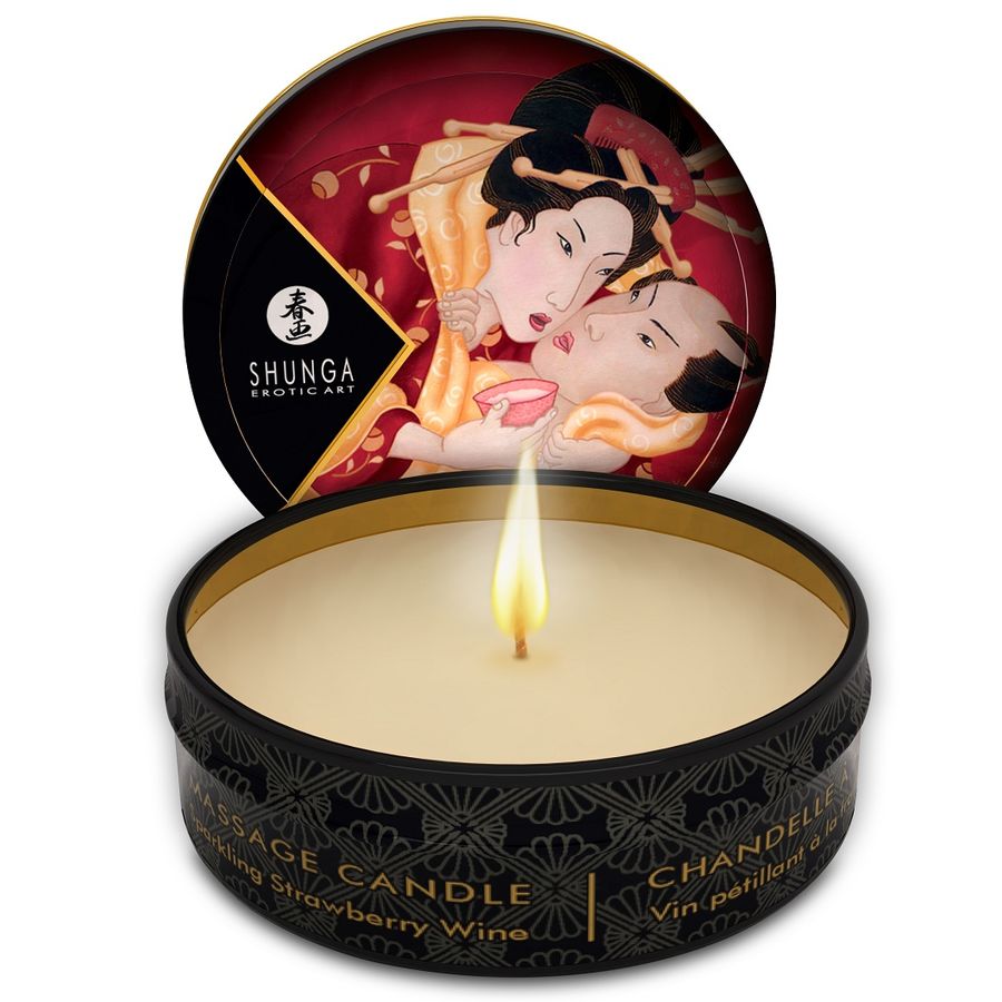 Candela da massaggio Shunga Mini Caress al profumo di fragola e cava, 30 ml