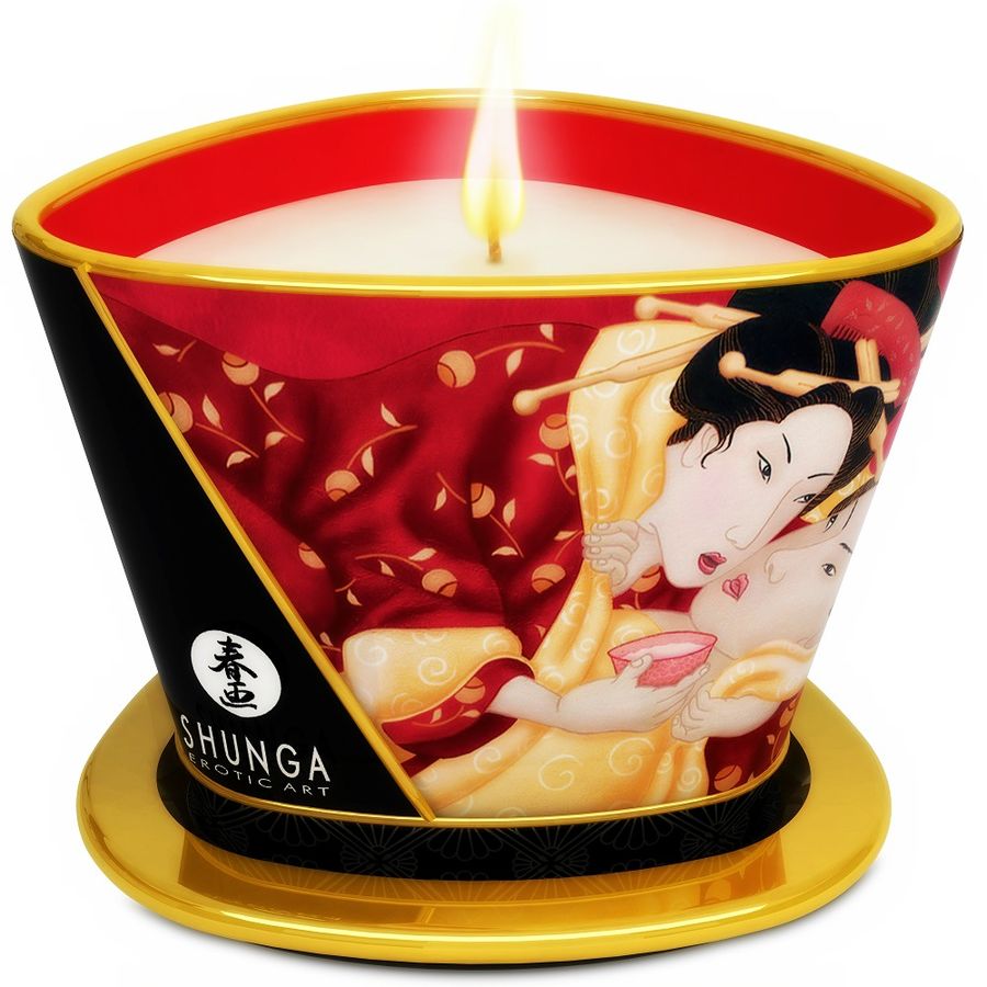 Shunga Mini Caress candela da massaggio al profumo di fragola e cava, 170 ml