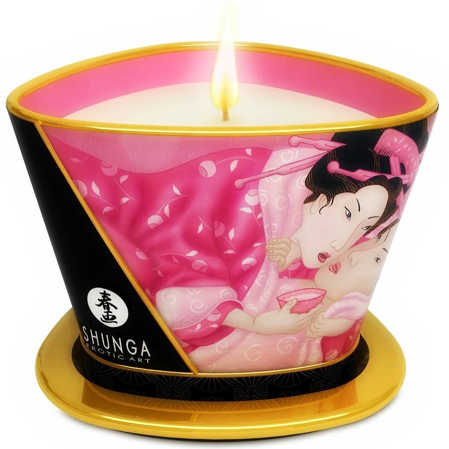 Candela da massaggio Shunga Mini Caress al profumo di rosa, 170 ml