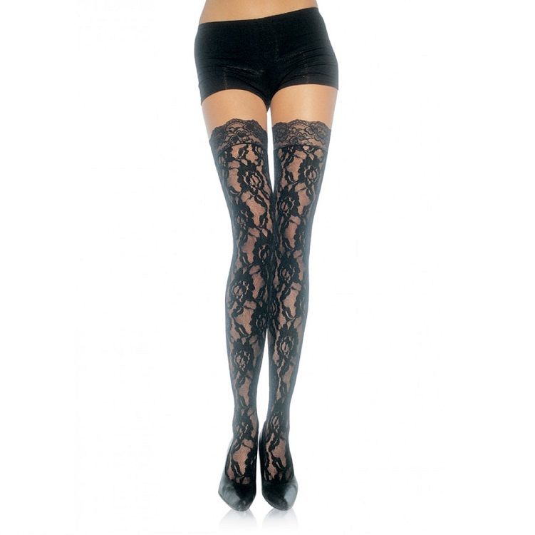 Calze nere LEG AVENUE con motivo floreale e bordo in pizzo