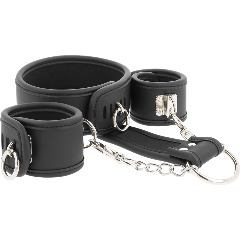 FETISH SUBMISSIVE Manette per polsi con accessorio per il collo e catena di collegamento