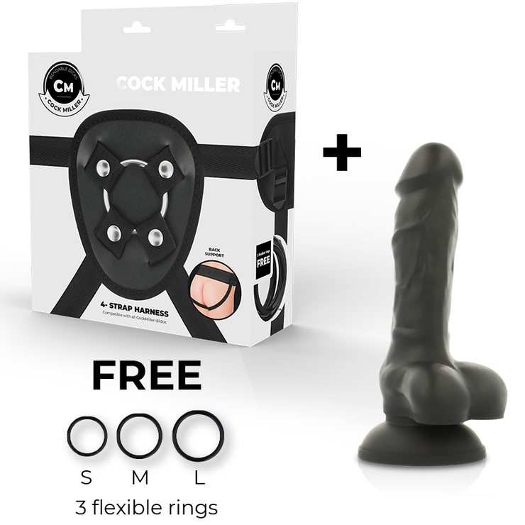 Cock Miller Imbracatura + Dildo In Silicone Denso Cocksil Articolabile Nero 13 Cm